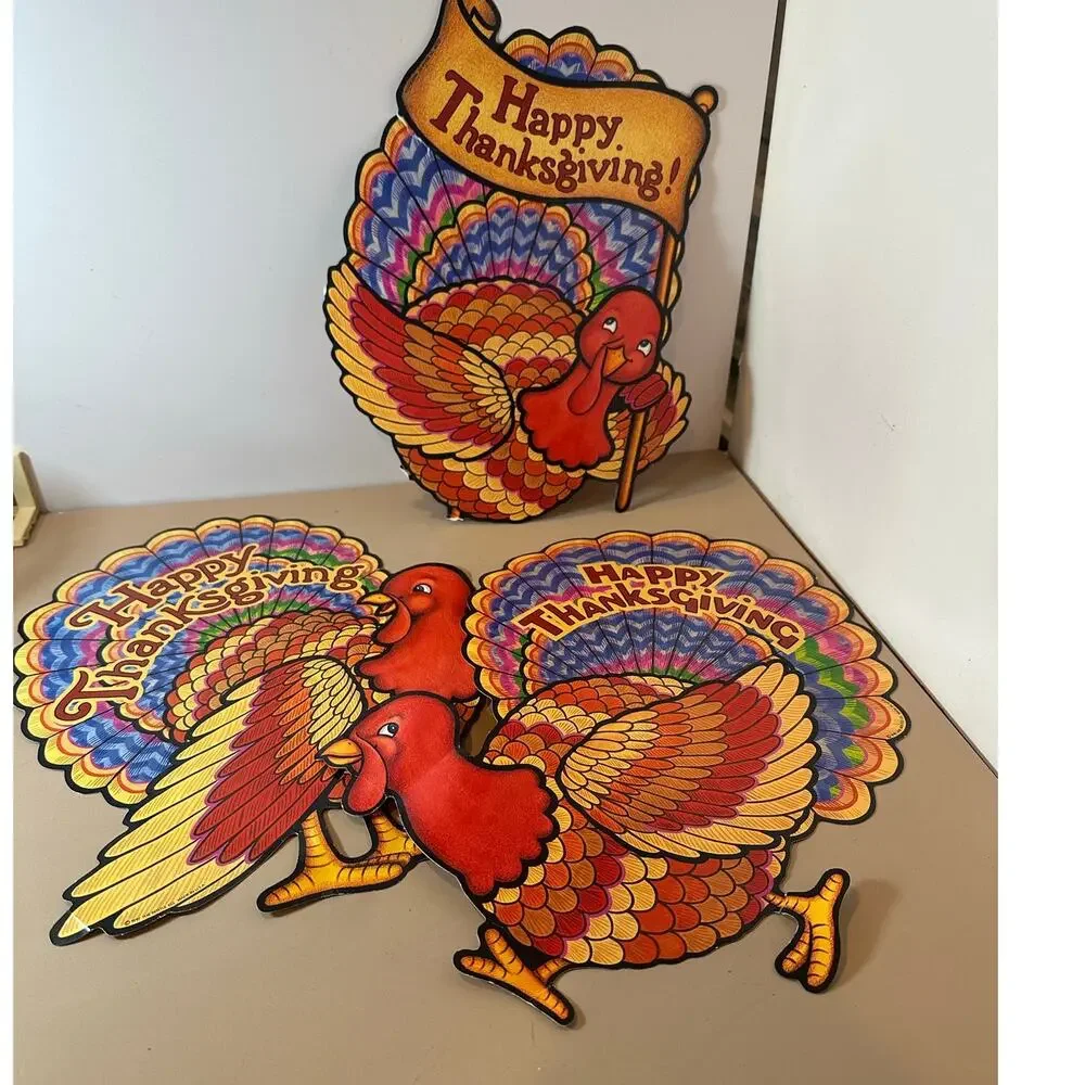 3 Vintage Thanksgiving Die Cut Turkeys Decoration Window Cutouts 1997 Beistle Co